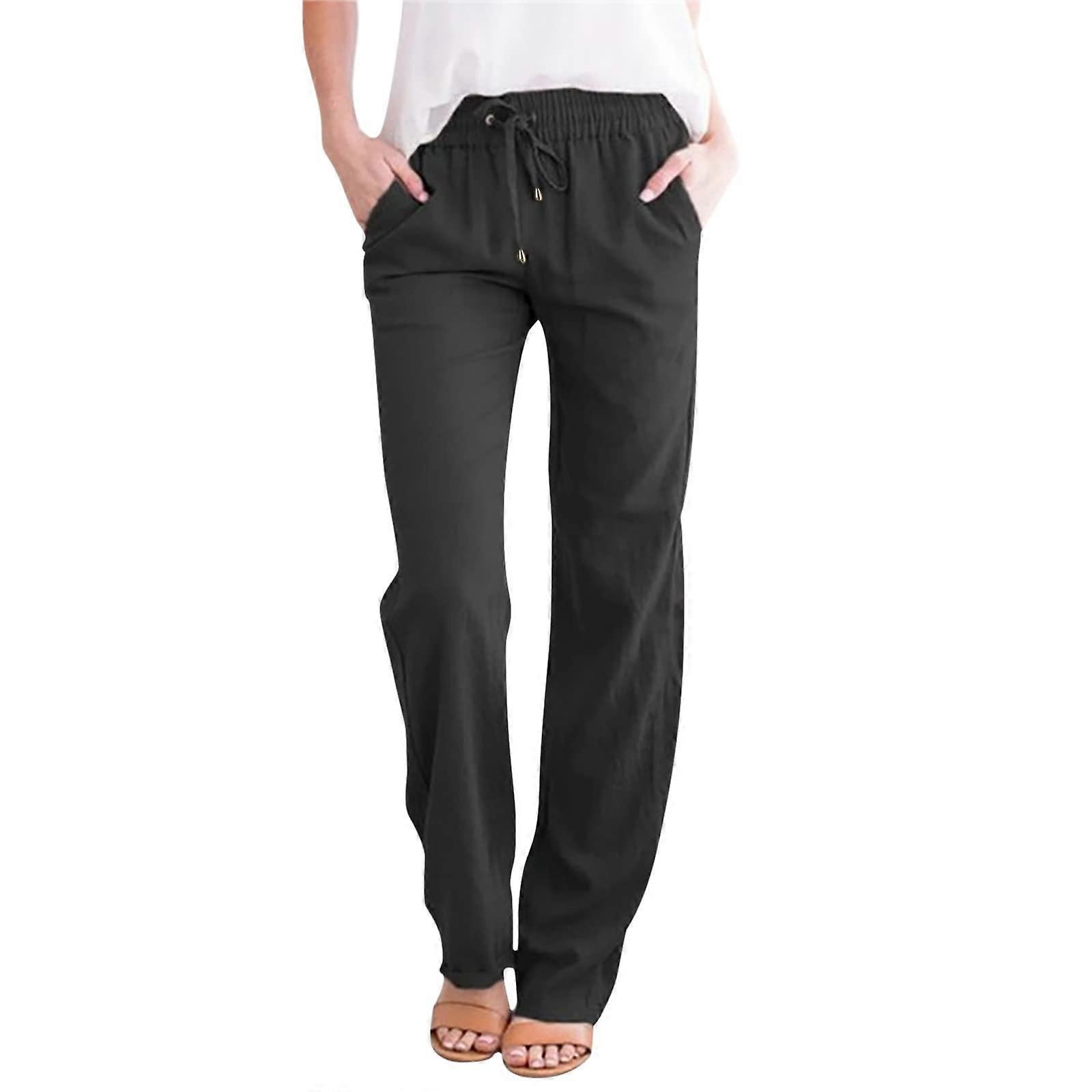 High Waist Summer Trousers Black Women's Lightweight Muslin Palazzo Trousers XXL with Drawstring Pockets Casual Wide Leg