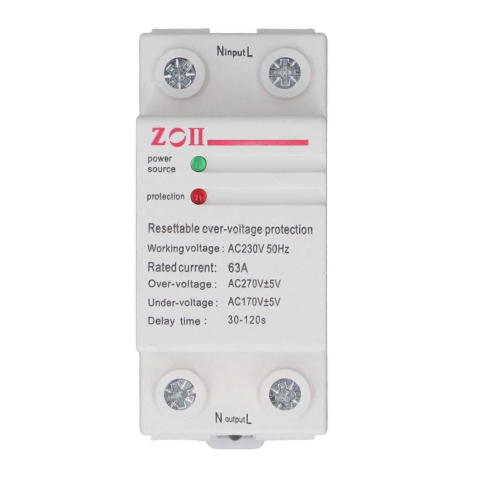 Over Under Voltage Protector Automatic Reset Current Delay Protector Single Phase DIN Rail Mount 220‑240V 63A