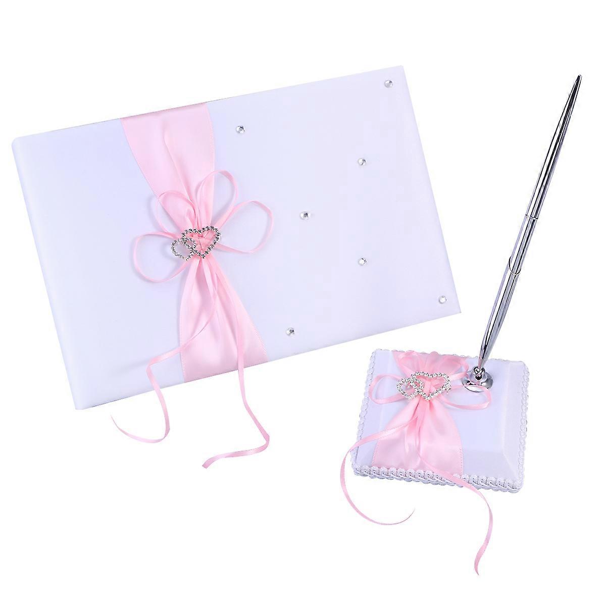 Pink Satin Wedding Supplies with Guest Book Pen Stand and Signing Pen for Creating Romantic Decor 8.5 x 11 Inches
