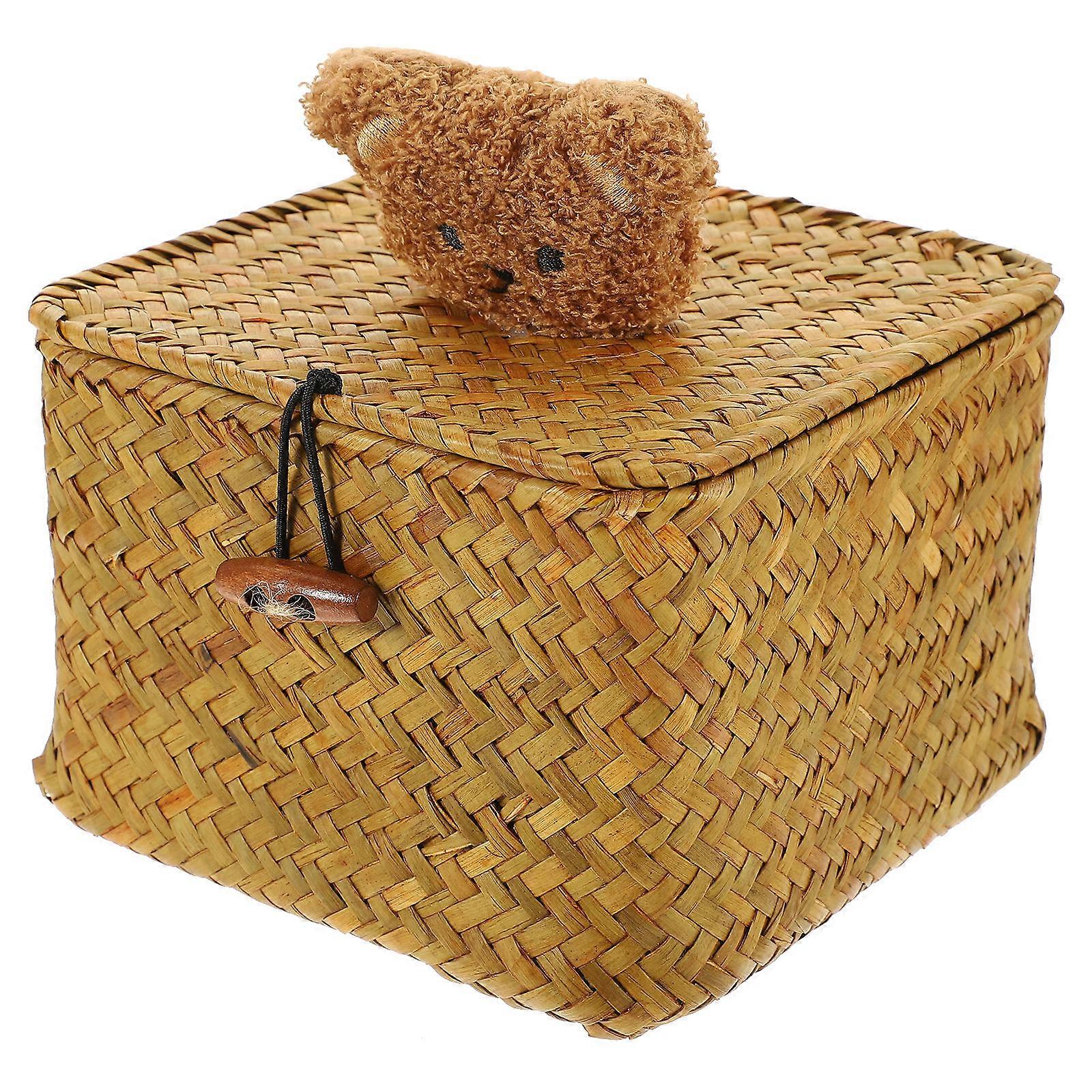 Seagrass Small Woven Basket Brown Organizer Basket with Lid for Clutter Hiding Desktop Storage