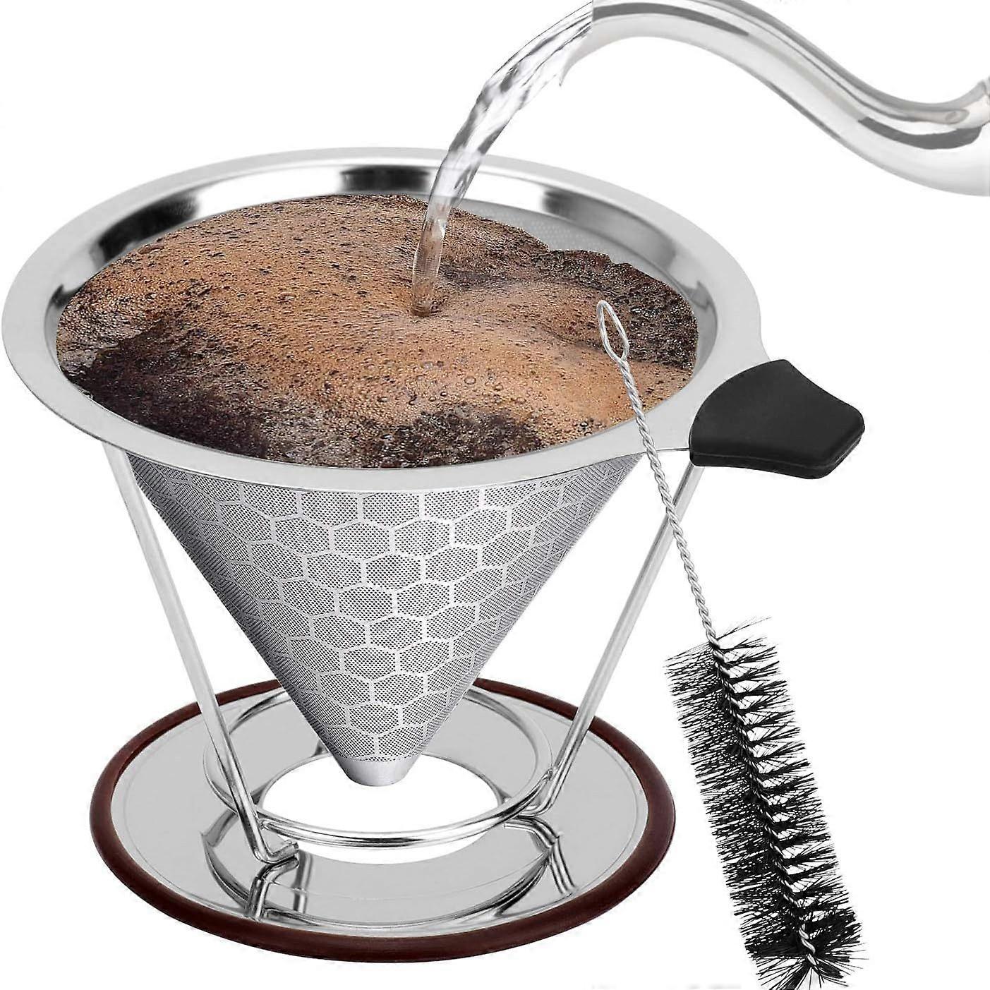 Stainless Steel Coffee Filter - Paperless, Reusable with Double Mesh & Silicone Handle