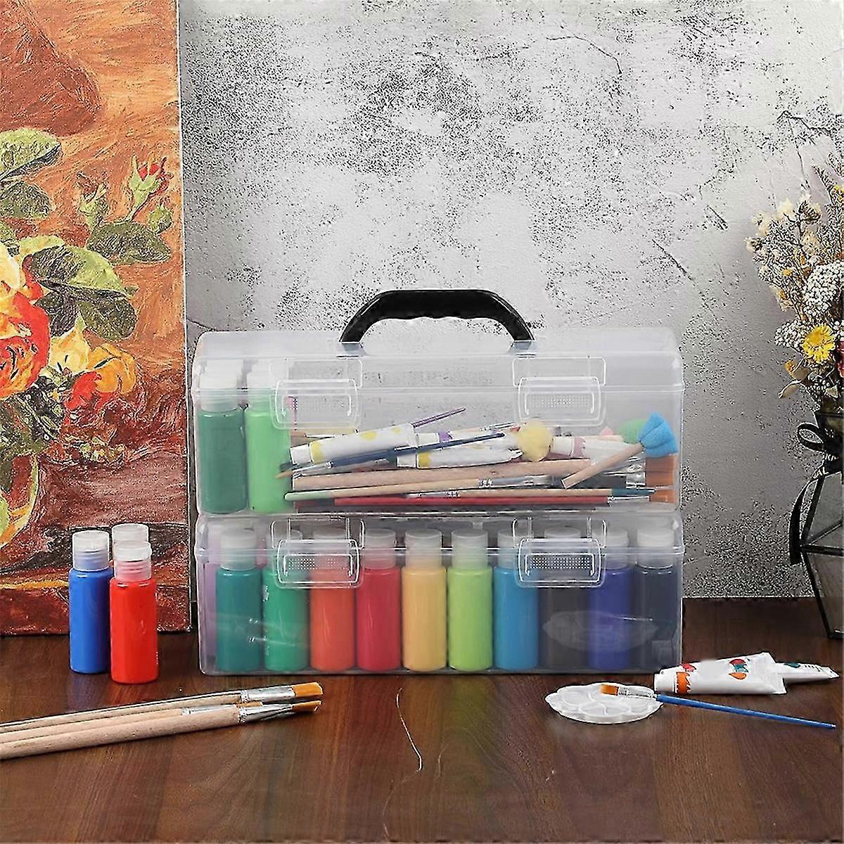 2 PCS Clear Acrylic Paint Storage Box with Handle, Portable Craft