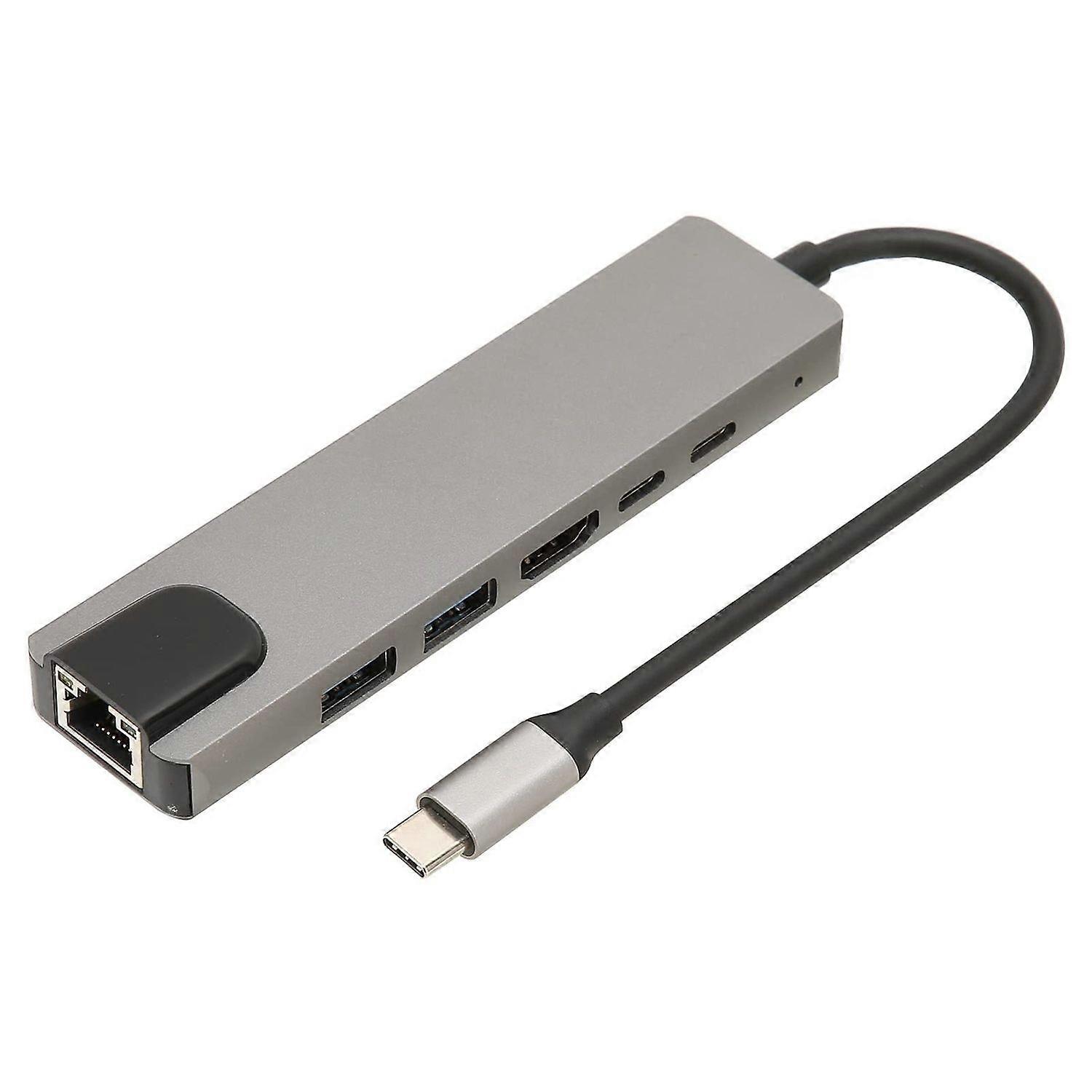 Type C HDTV Hub 6 in 1 4K Multimedia Interface 87W Power Ethernet USB Port USB C Hub Ethernet(Gray)