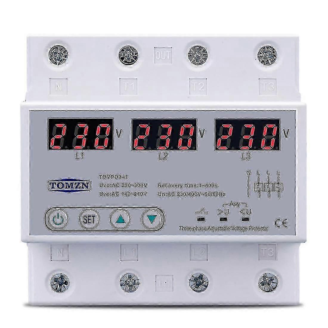 Three-Phase Adjustable Over/Under Voltage Protector Auto Reset 63A 380V EU