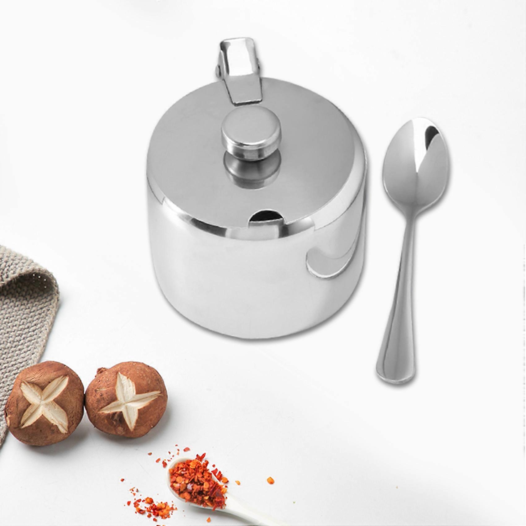 Stainless Steel With Lid And Spoon Sugar Bowl Seasoning Jar Seasoning Jar Tableware Spice Container-ABRO