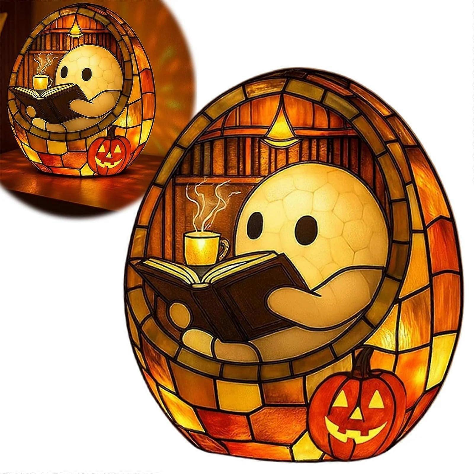 Ghost Reading Book Lamp Handmade Halloween Ghosts Reading Night Light Flickering For Readers And Book Lovers
