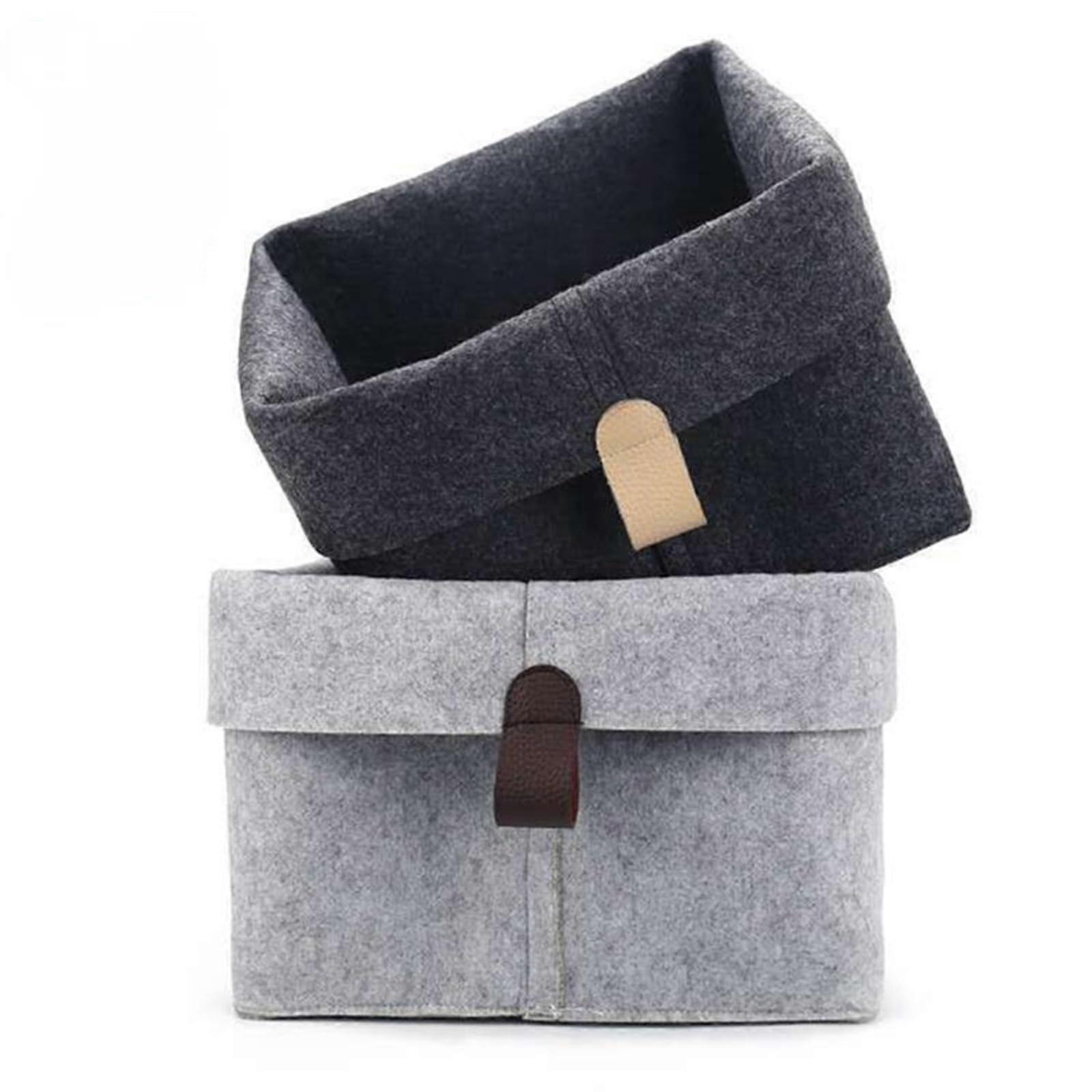 Felt Storage Basket, Foldable Cube Organizer With Leather Loop Handle, 23x26 Cm, Light Gray, For Clothes Toys Towels