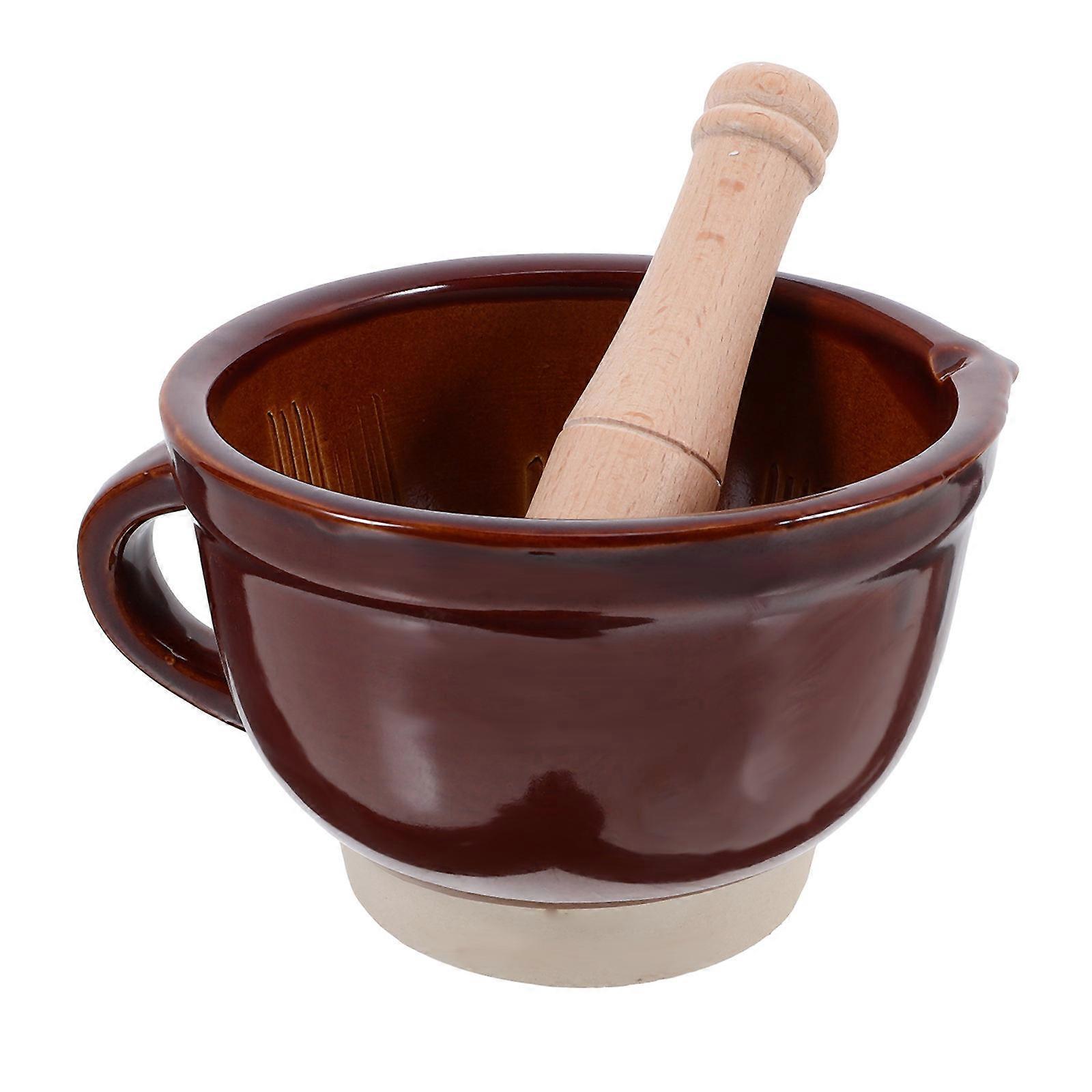 Garlic Masher Bowl Set For Home Cooking And Food Preparation 15.5X15.5X10.5CM Brown Ceramic Manual Grinding Tool 2Set