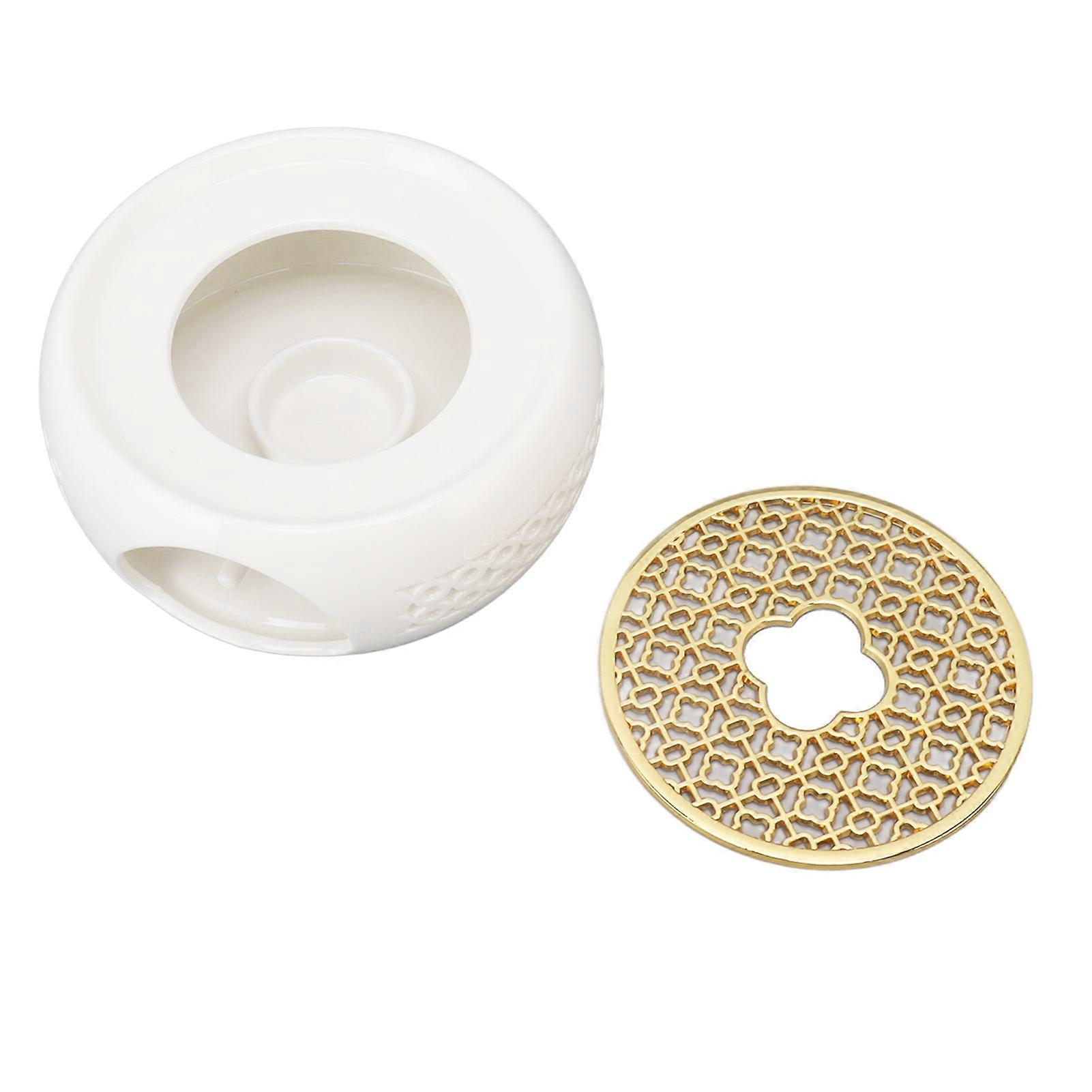 Porcelain Teapot Heater Hollow Frame Round Teapot Warmer Base with Alloy Cushion and Candle Holder 