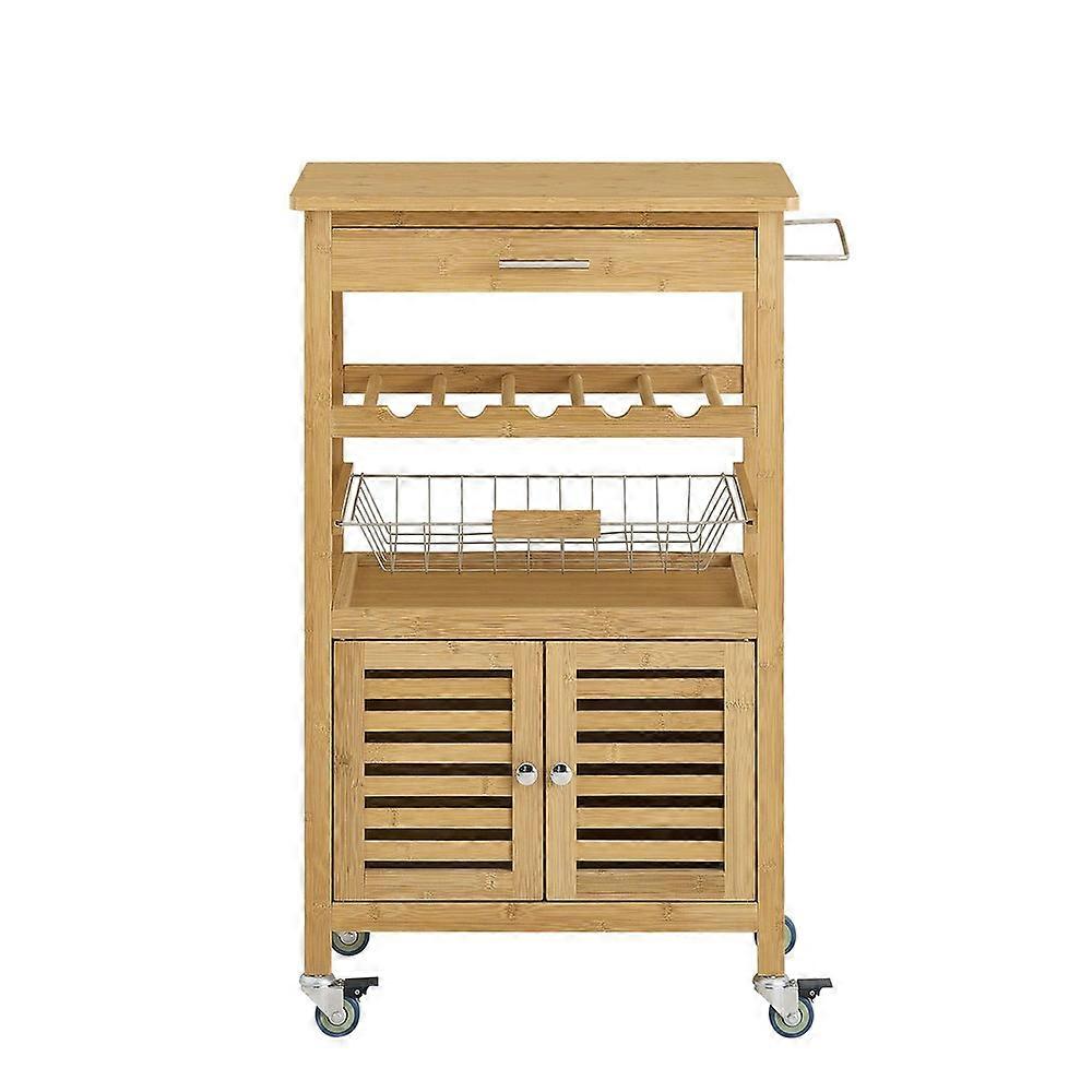 SoBuy FKW53-N,Kitchen Serving Cart with Wire Basket and Bottle Rack, 2-Tier Rolling Serving Cart with Storage Rack, Mobile Bar Cart on Wheels