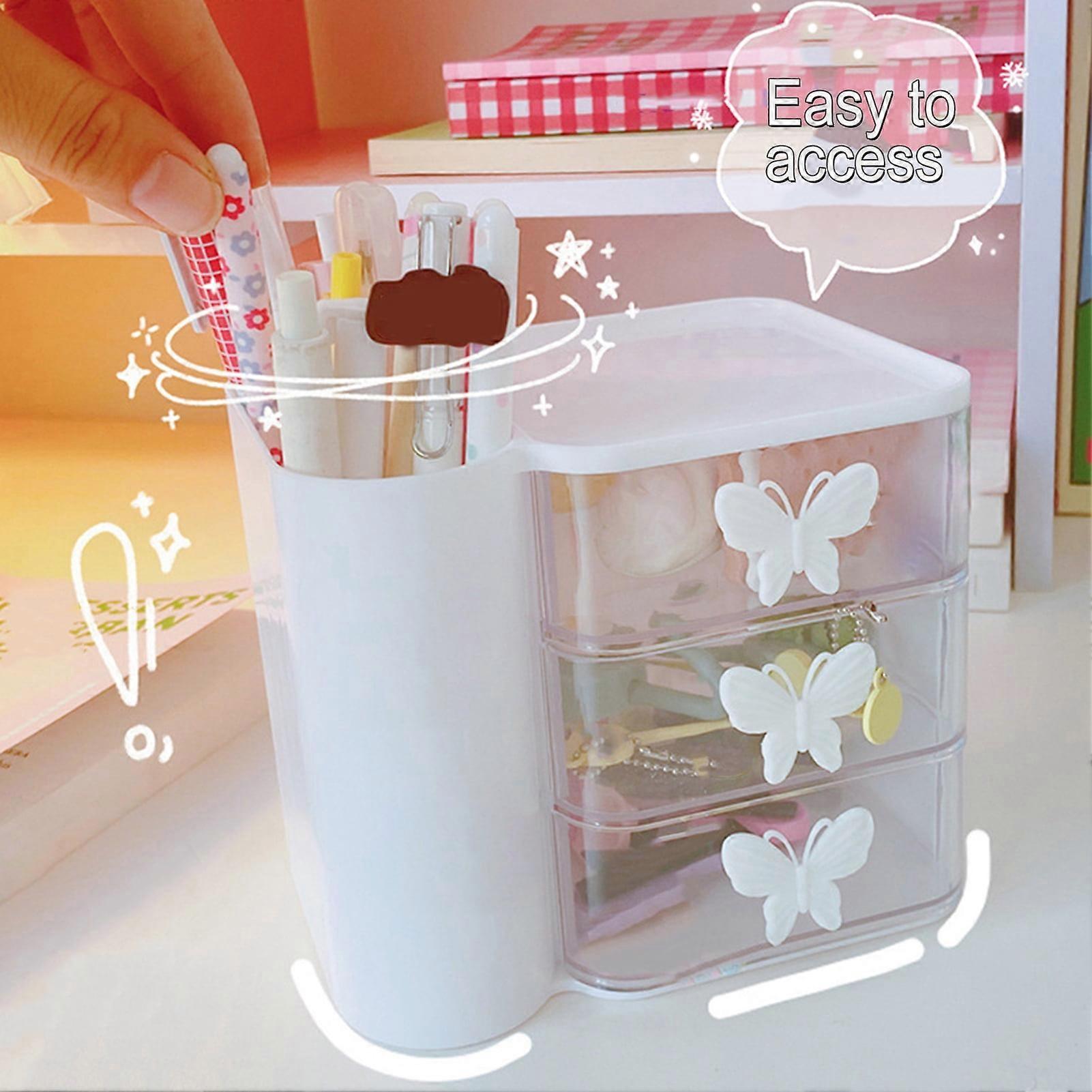 SUSUchens Drawer Type Desktop Storage Box with Pen Holder Large Capacity Multi-Layer Dustproof Sundries Case Makeup Container Pink