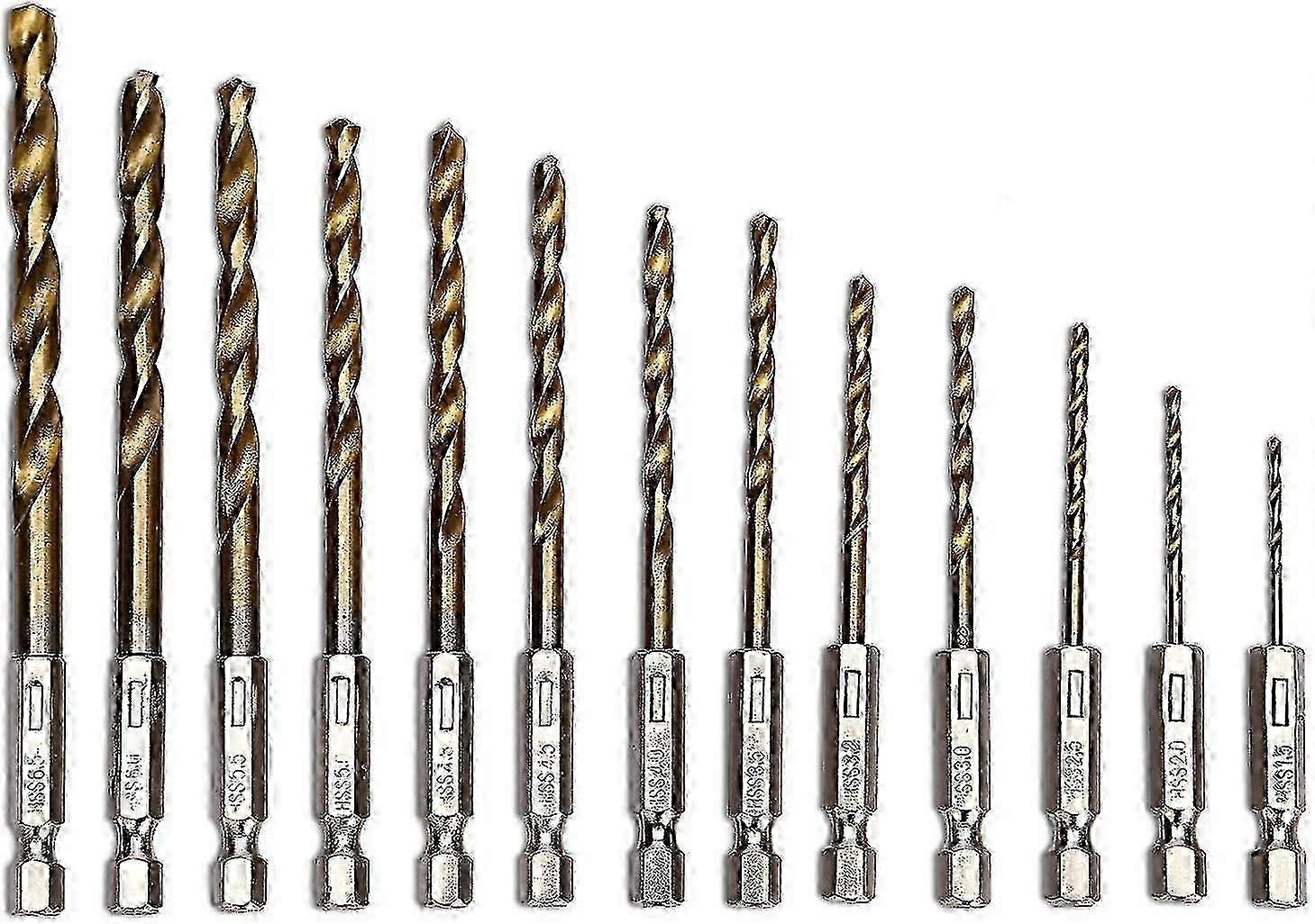 13 Pieces Hss Twist Drill Bits (1.5-6.5mm) With Hex Shank Titanium Nitride Coating