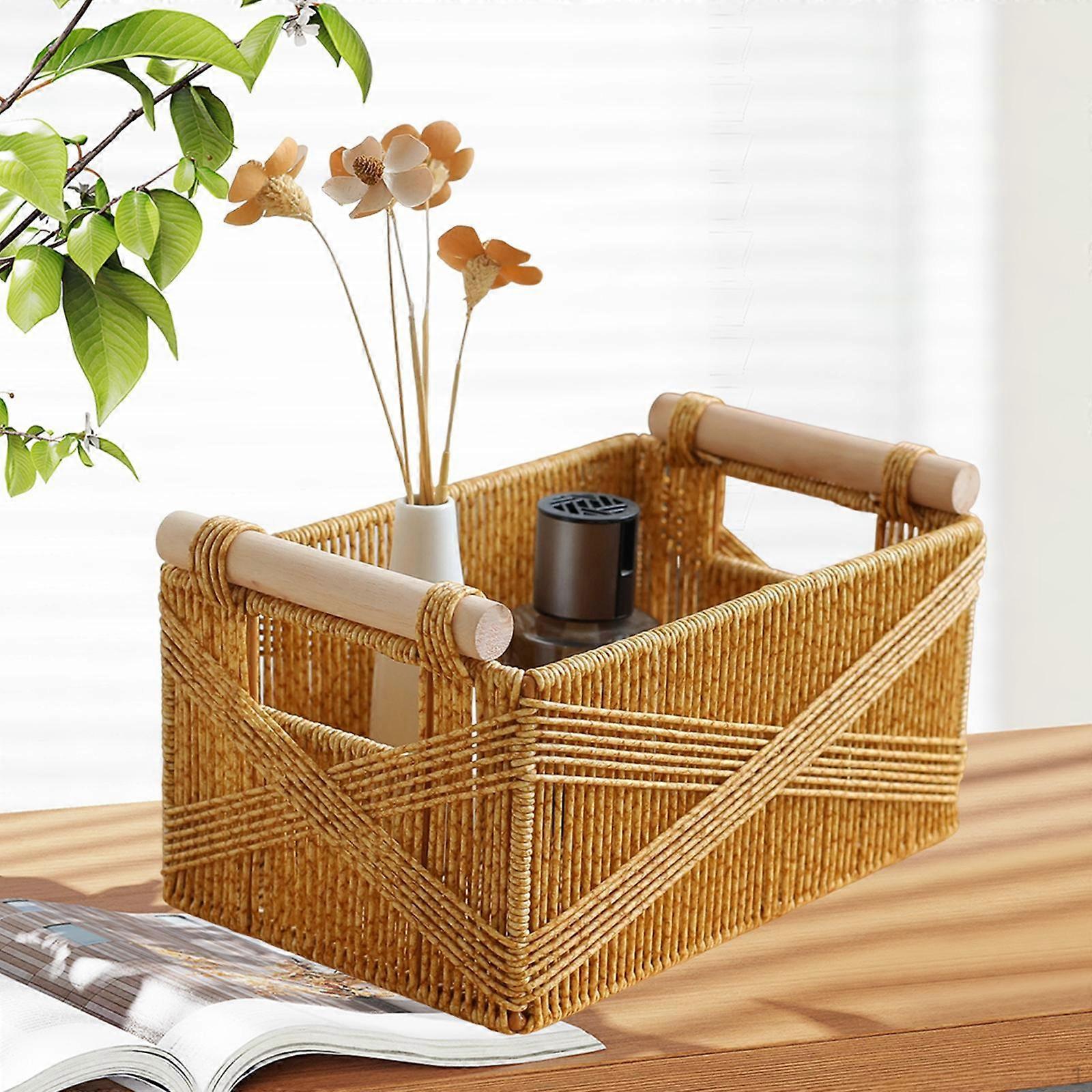 PE Rattan Storage Basket Multifunctional Leakproof Base Solid Wood Handles Dense Weave Bathroom