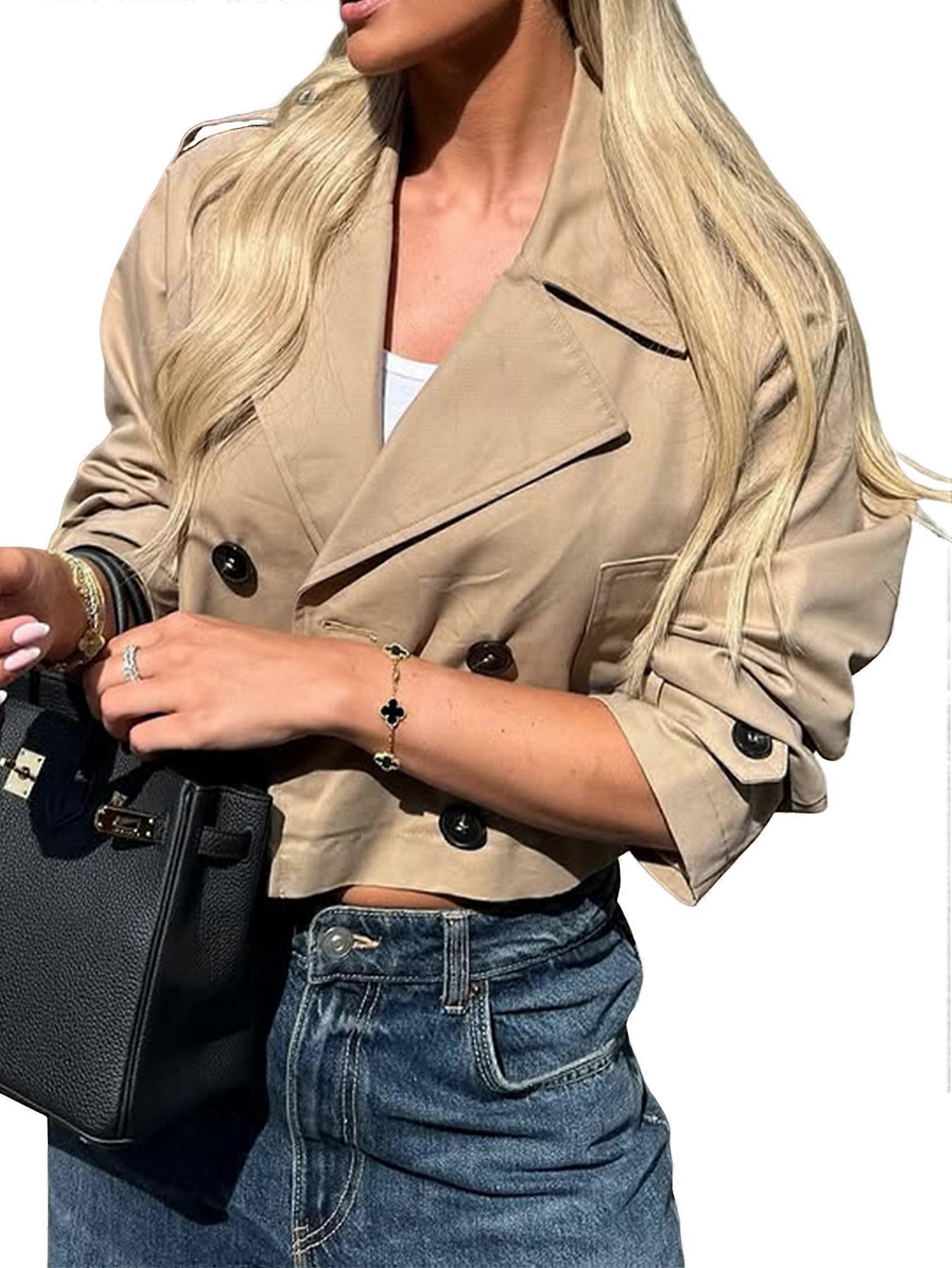Jackets for Female CasualLoose Comfy Utility Style Button Up Large Lapel Cropped Jacket Female Khaki S