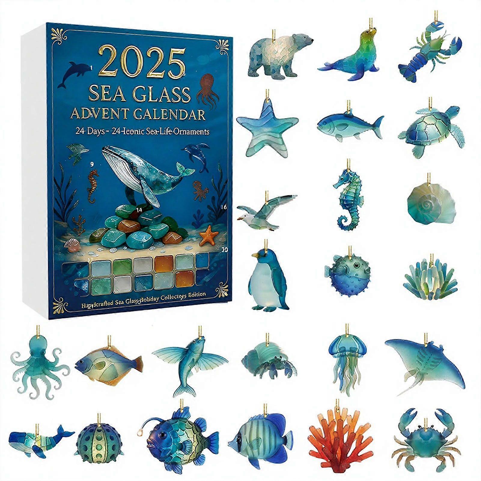 Kaesi 2025 Christmas Countdown Calendar 24 Days Sea Glass Handmade Ornaments Ocean Animals Figurine Advent Calendars for Christmas Tree