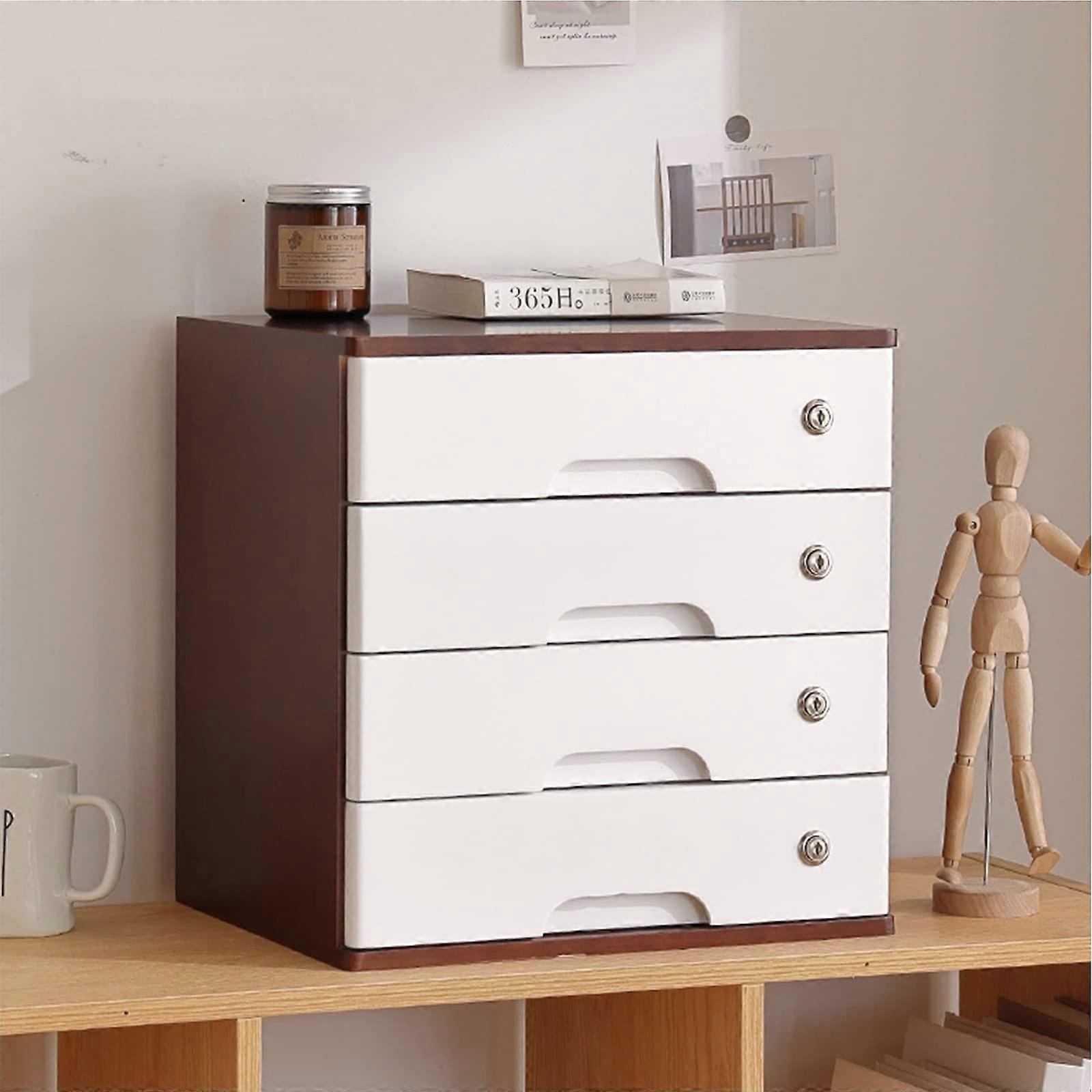 Wooden Desktop Storage Box with Lockable Drawers, MultiLayer File Cabinet and Printer Stand