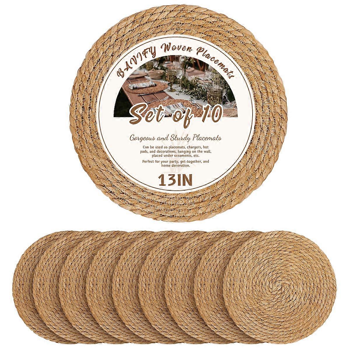 13 Inch Round Woven Placemats Set of 10, Natural Rattan Charger Plates, Boho Rustic Table Mats