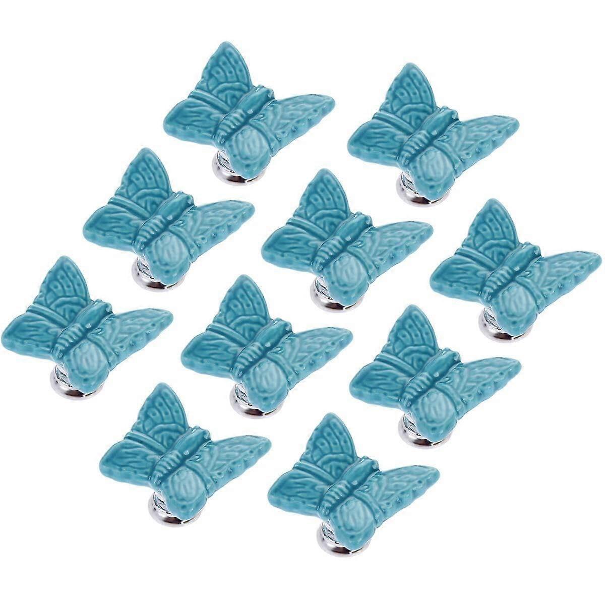 10 Pcs Butterfly Ceramic Cabinet Knobs and Drawer Pull Handles Blue for Kids Wardrobe Furniture