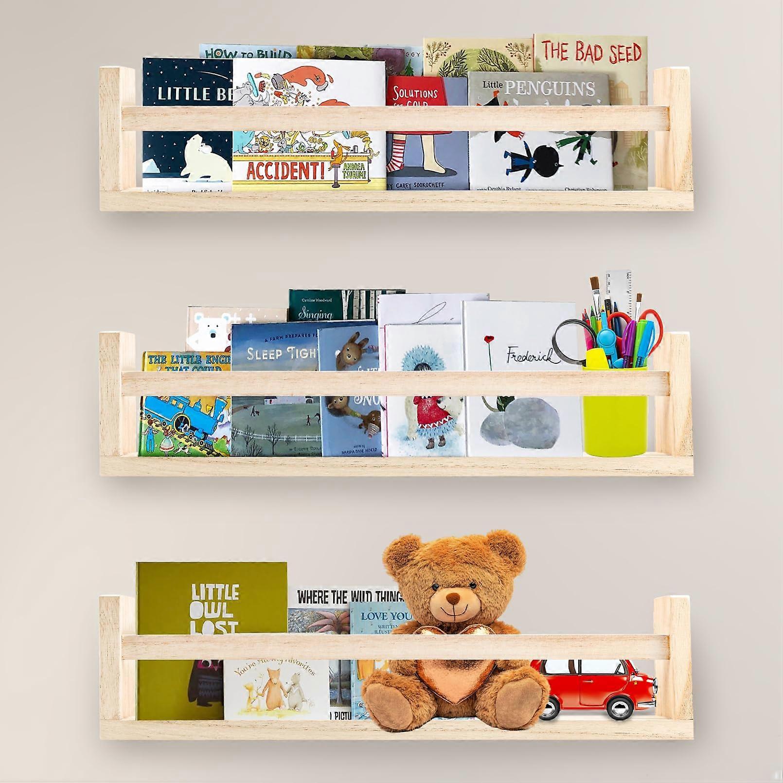 3 Pack Nursery Wall Bookshelf, Solid Wood Floating Shelves with Safety Rails for Kids Room Decor