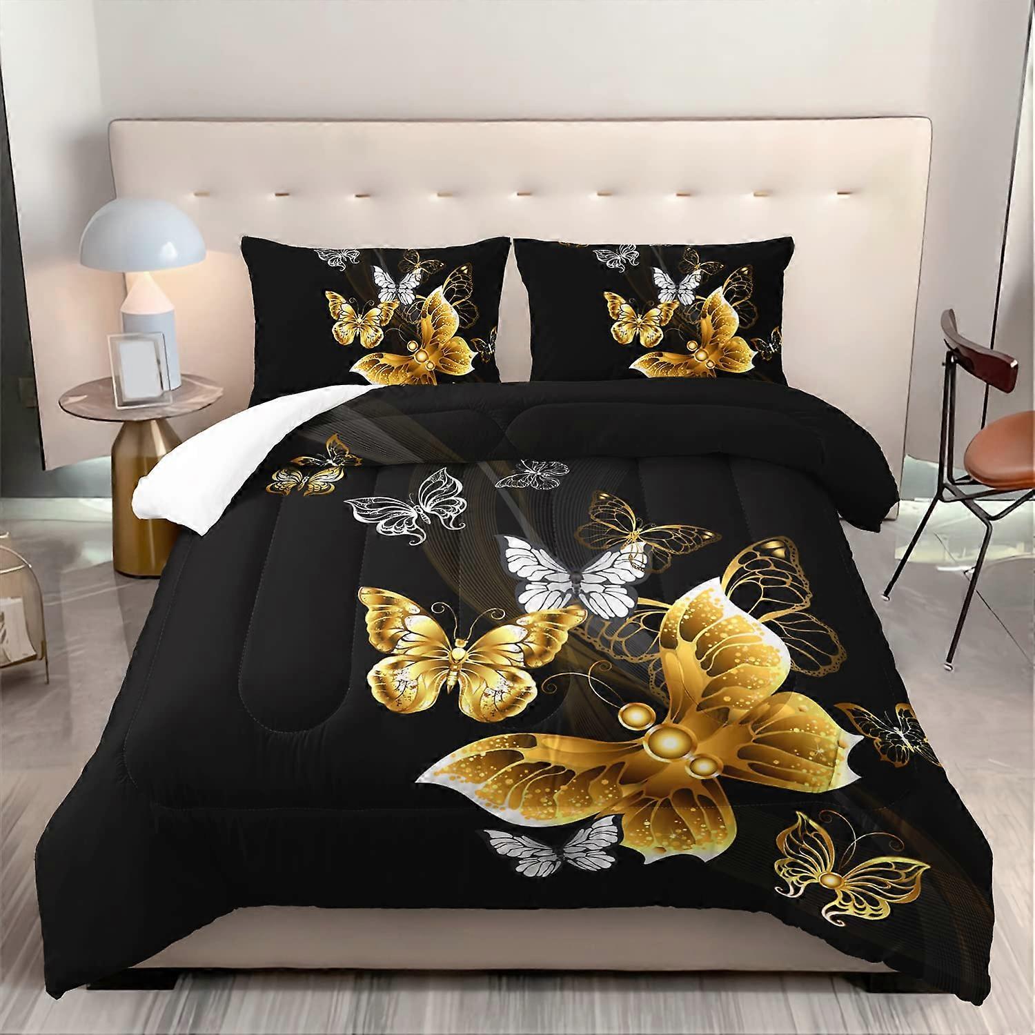 Black and Gold Butterfly Comforter Set Full Size 3D Design Soft Microfiber Bedding with Pillowcases