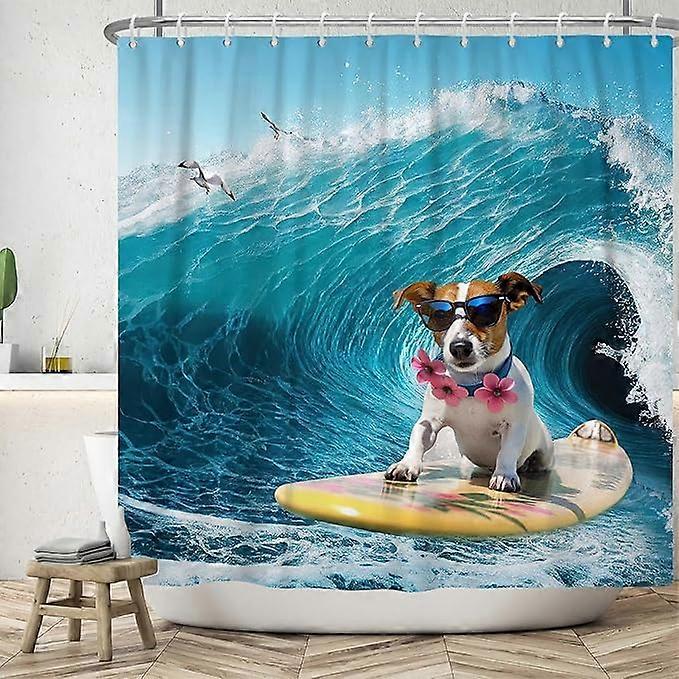 Dog surfing pattern, waterproof shower curtain with hooks