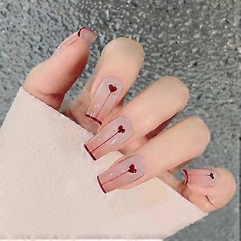 Valentine's Day Press On Nails Medium Square French Tips Pink and Red Heart Design False Nail Set