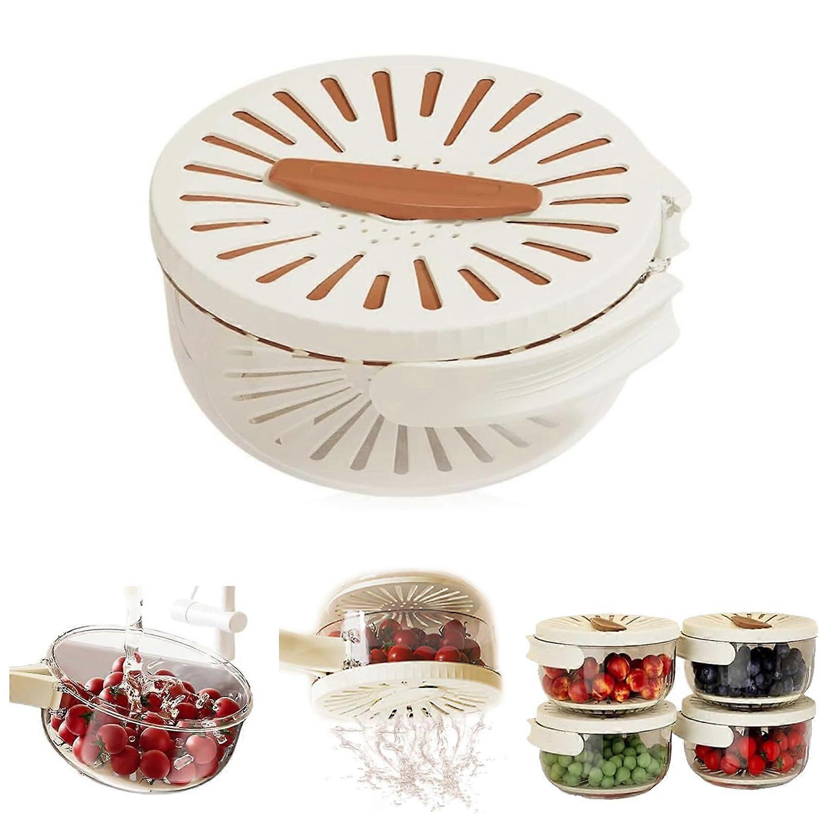 Fruit and Vegetable Washing Basket with Rotating Lid, Stackable Strainer for Brown