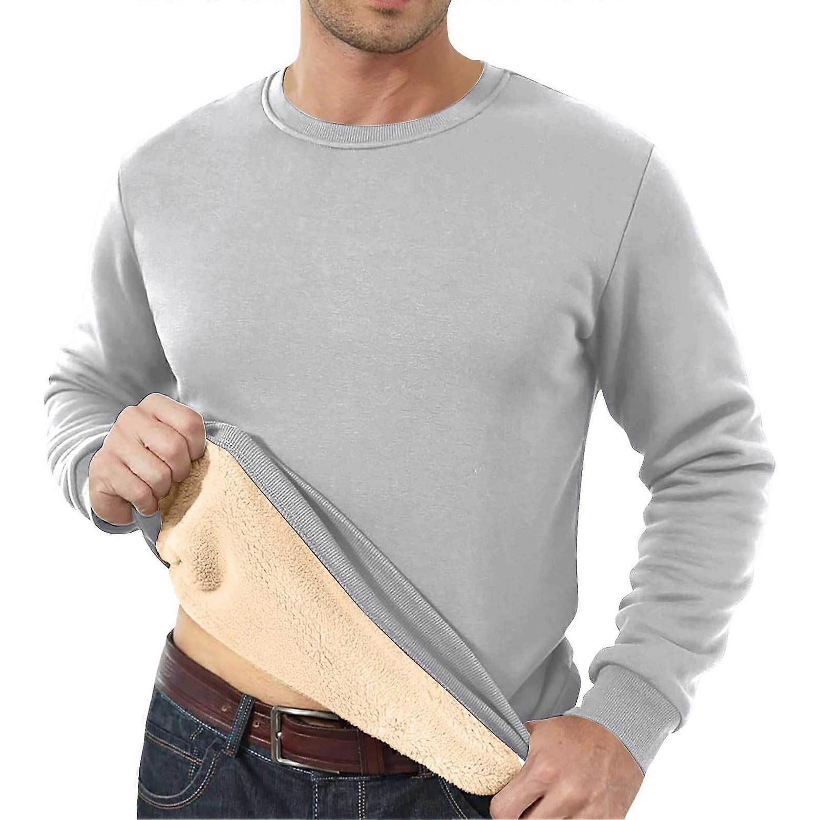 Fall Winter Men Sweatshirt Plush-lined Round Neck Solid Color Elastic Long Sleeves Loose Thermal