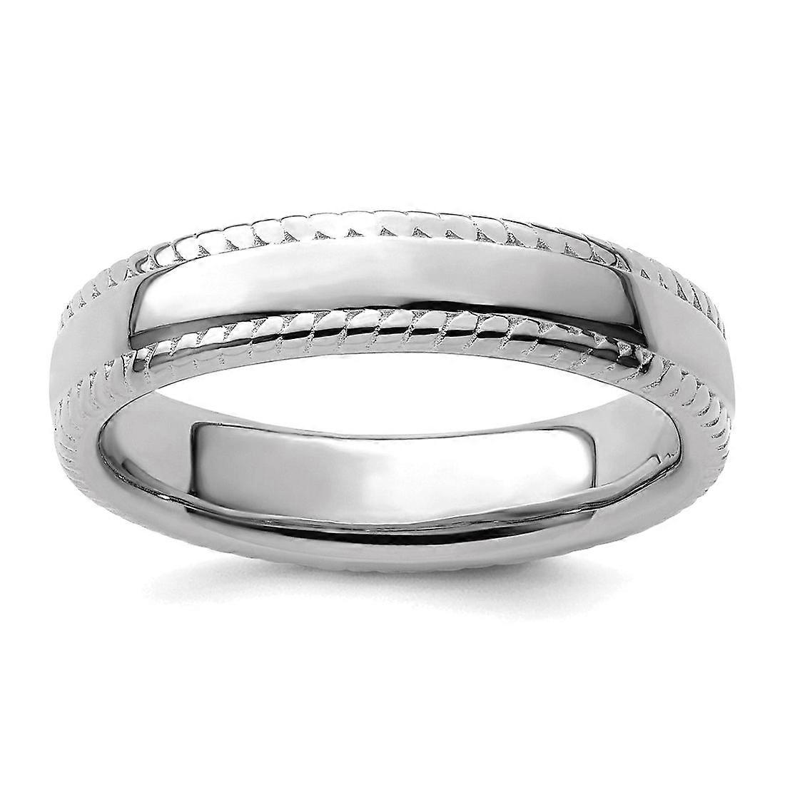 925 Sterling Silver Polished Patterned Stackable Rhodium Ring Stackable Ring for Women - Ring Size: 5 to 10