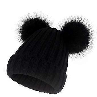 Double Pom Pom Beanie Hat, Korean Fashion Knitted Wool Winter Hat with Detachable Faux Fur Pom Poms, Unisex Stretchy Fit for 56-60cm Head