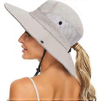 Cappello estivo da donna con foro per la coda di cavallo - Cappello pieghevole a tesa larga in rete con protezione UV e foro per la coda di cavallo.