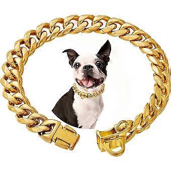 Hundehalsbånd i rustfrit stål, sølvguld med sikkerhedsspænde. Træningshalsbånd i 18 karat cubansk kæde. 15 mm stærk hundehalskæde, kraftig og tyggesikker.