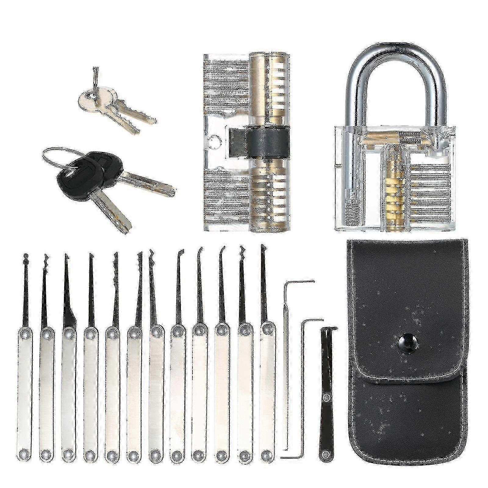 15pcs Lock Pick Set with 2 Transparent Practice Padlocks, for Locksmith Hobbyists