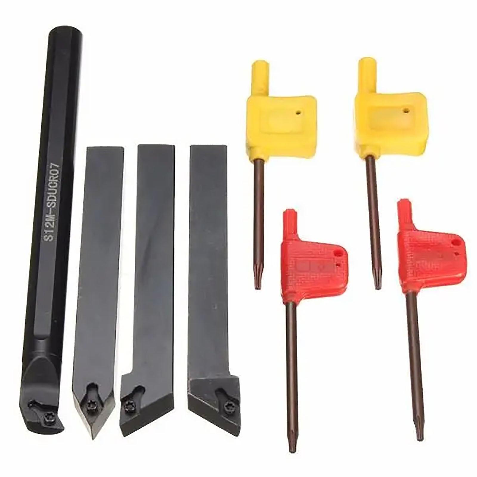 4Pcs 12mm Shank Lathe Turning Tool Holder Boring Bar Wrench Carbide Insert Set