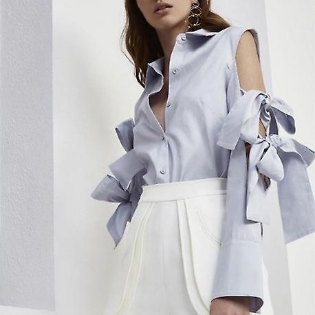 Off Shoulder Lapel Bow Bandage Long Sleeve Blouse