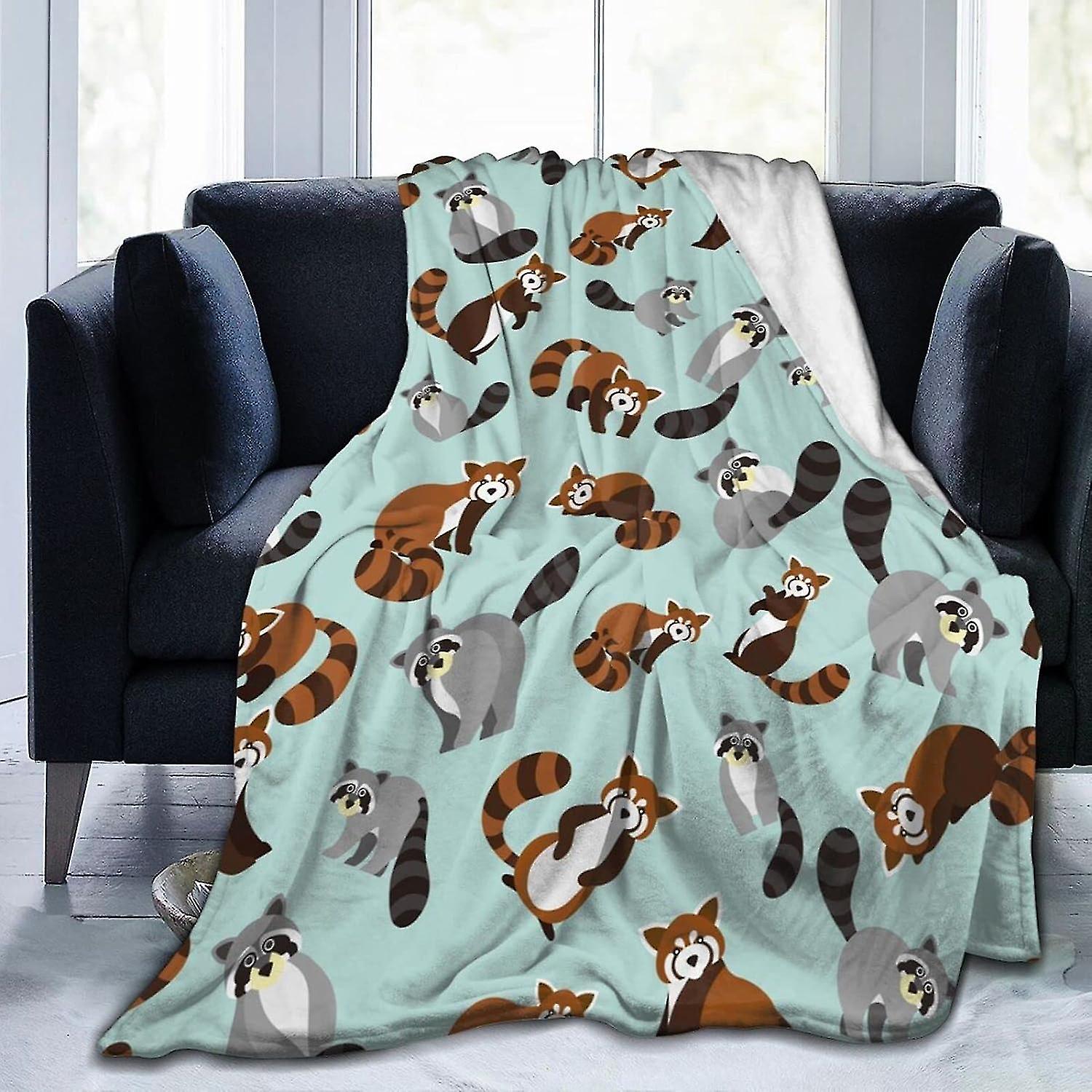 Cute Red Panda And Raccoon On Blue Fleece Throw Blanket Cozy Soft Plush Lightweight Blanket For Sofa Couch Bed