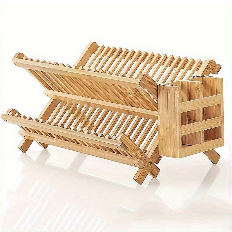 Large Bamboo Dish Drying Rack With Utensil Holder - 2-Tier, Collapsible Kitchen Counter Organizer For Dishes And Bowls
