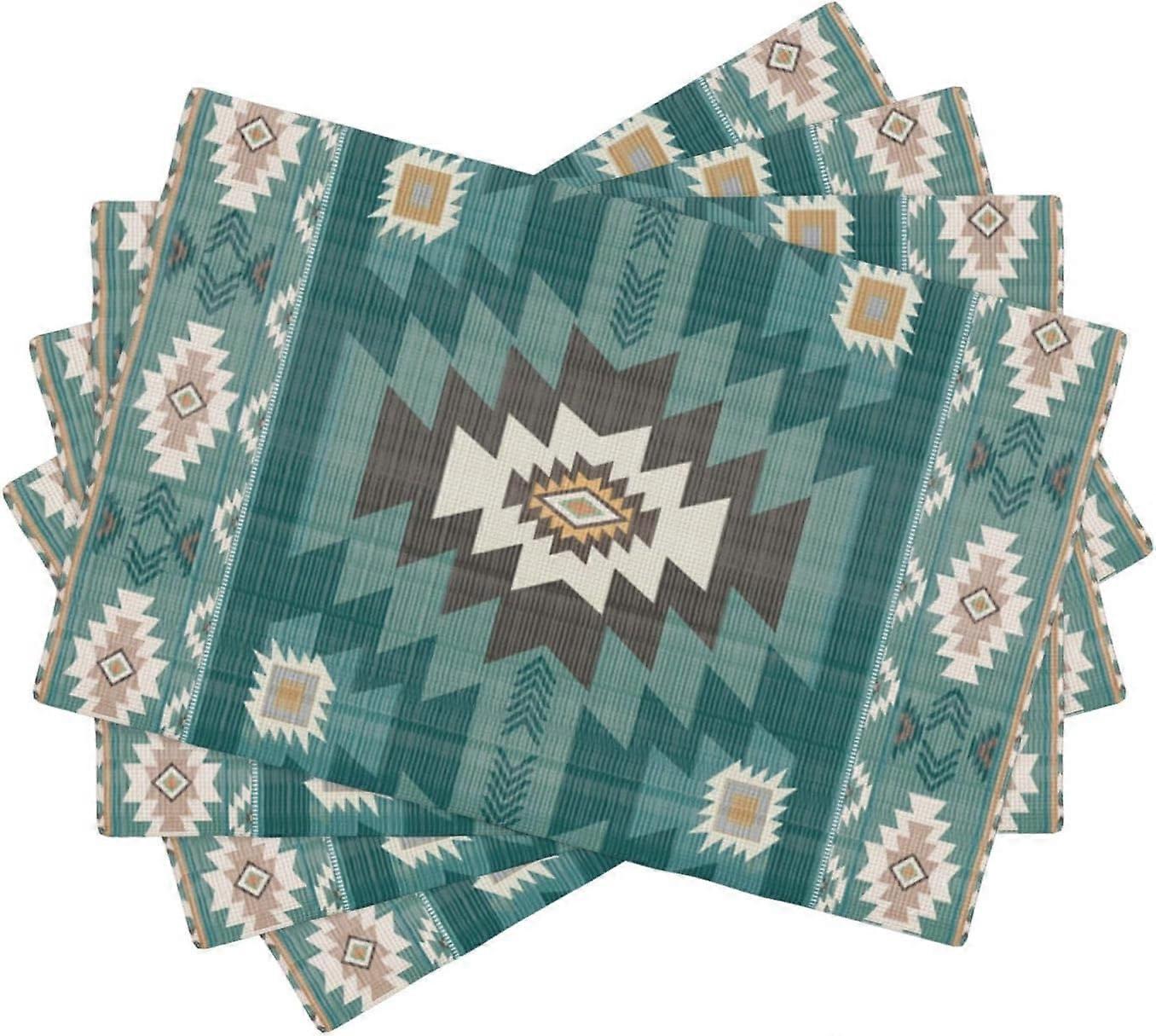 Ethnic Southwestern Place Mats Set of 4,Navajo Tribal Native American Boho Geometric Pattern Aztec Washable Linen Dinner Mats for Kitchen Table Dining