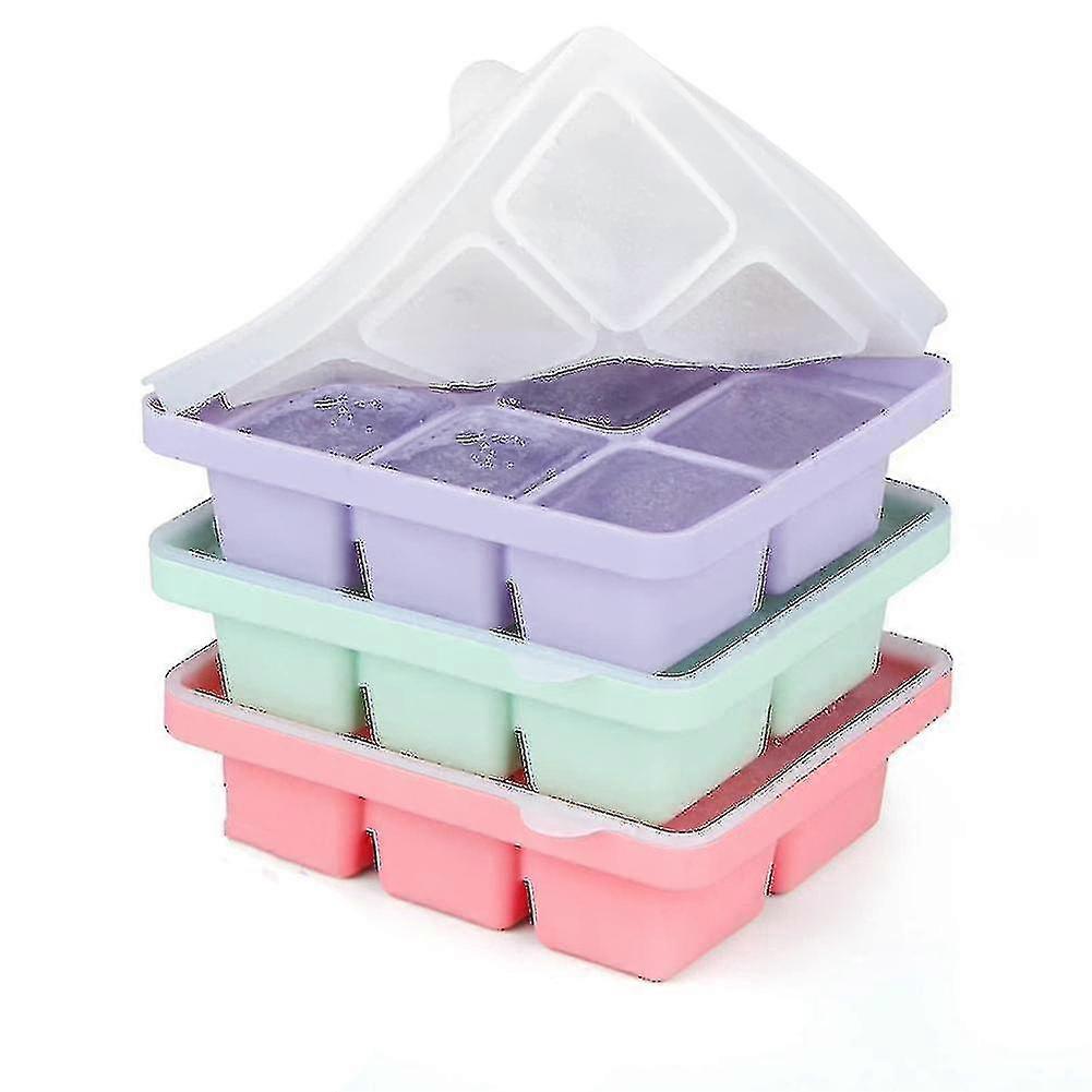 Ice Cube Tray With Lid, 3 Packs 18 Cubes, Silicone Large Ice Cube Molds, Flexible Stackable And Eas