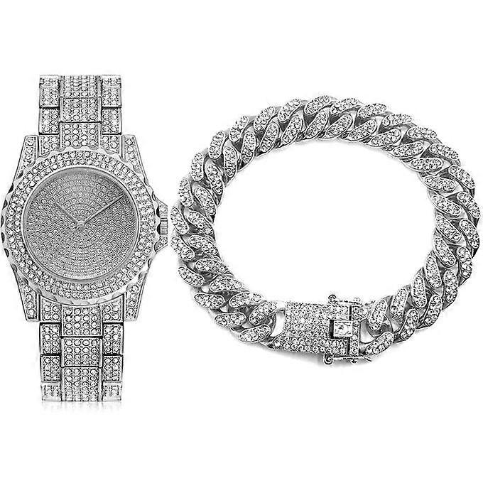 Mens Hip Hop 9" Wristwatch With 8" Iced Cuban Bracelet