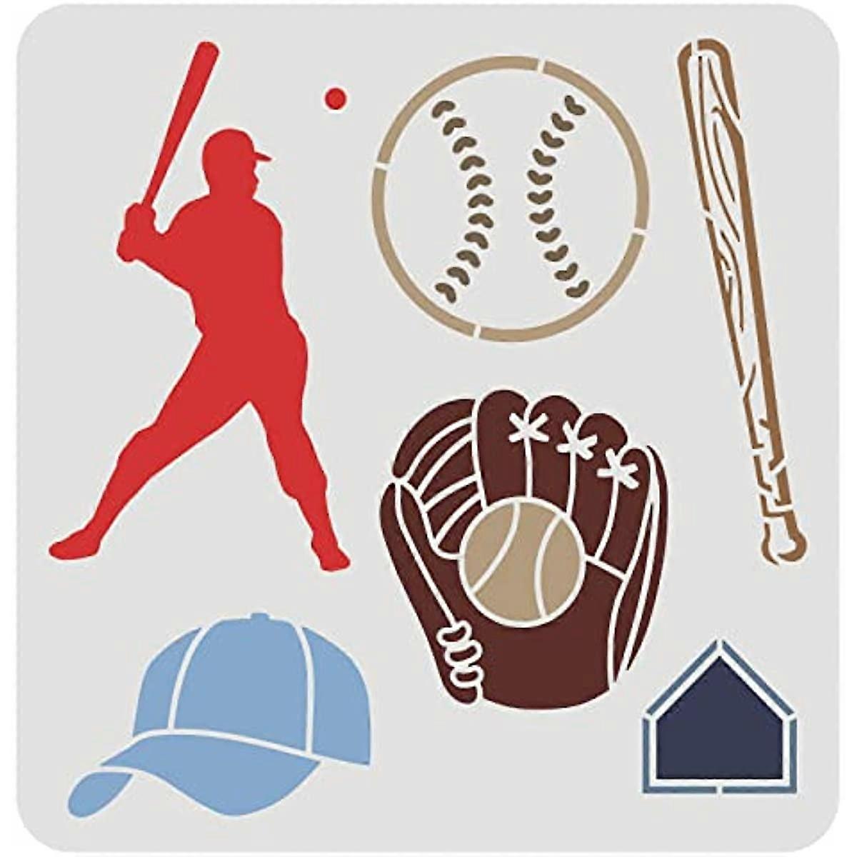 Baseball Stencils 11.8x11.8 inch Baseball Player Stencil Plastic Baseball Bat Cap Glove Pattern Stencils Reusable Baseball Theme Stencils DIY Stencil 