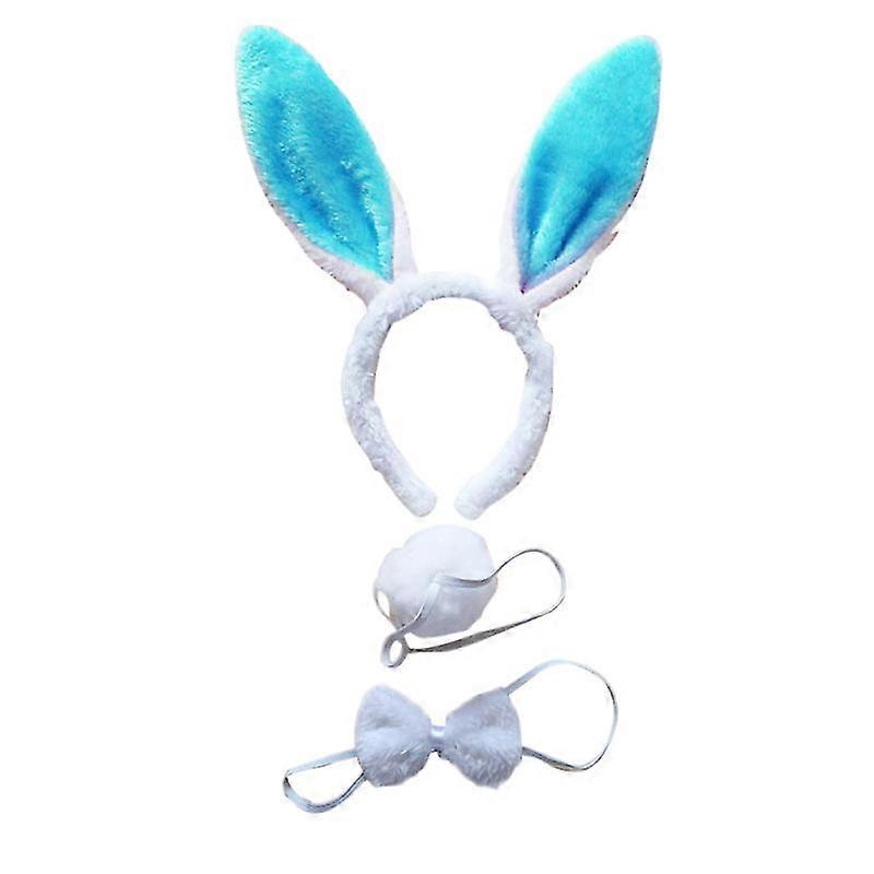 3pcs Kids Adult Rabbit Bunny Ears Headband Bow Ties Tail Set Party Cosplay Costume (White Blue)