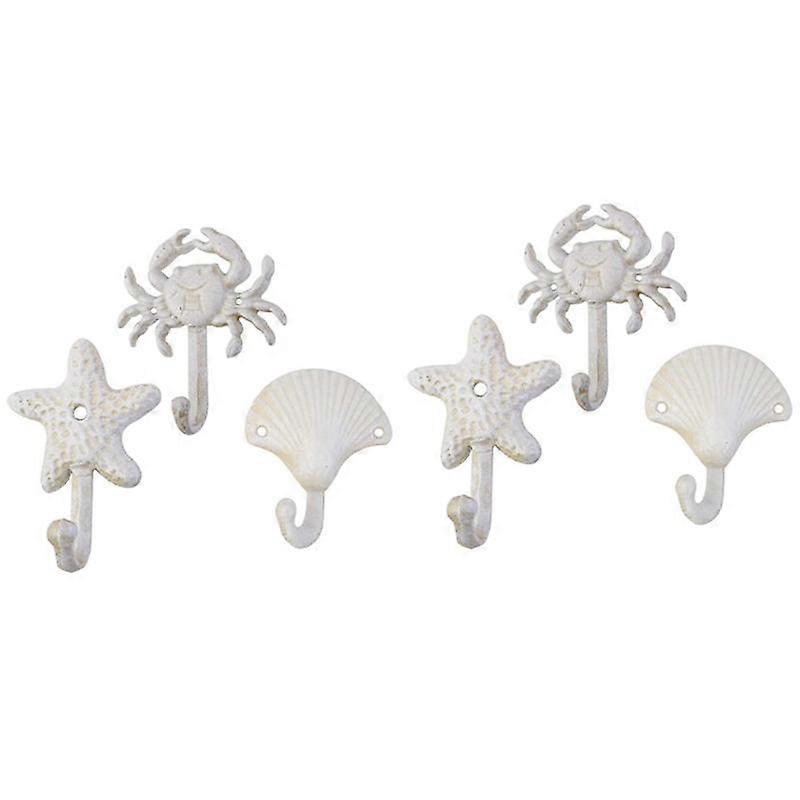 Set of 6 Starfish Seashell Crab Cast Iron Decorative Wall Hooks Coats Towels Hooks Beach Ocean Them