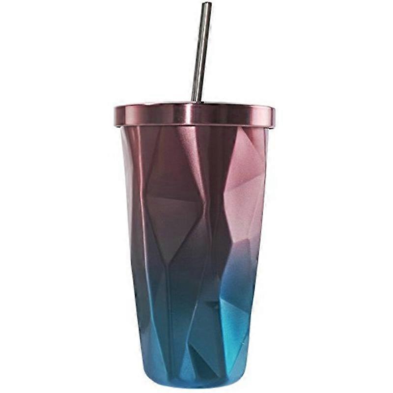 500ml Stainless Steel Tumbler with Straw Gradient Color Double Wall Drinking Cups Coffee Mugs