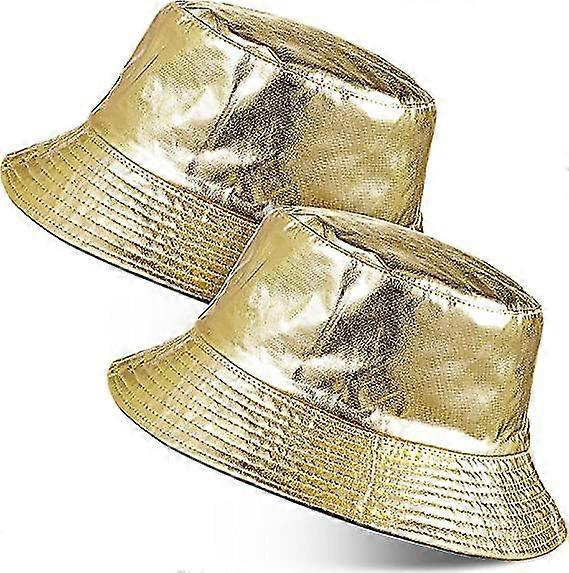 Dww-discount 2 Pcs Metallic Bucket Hat Unisex Trendy Fisherman Hat Reversible Foldable Packable Cap Double Side Hat Hip Hop