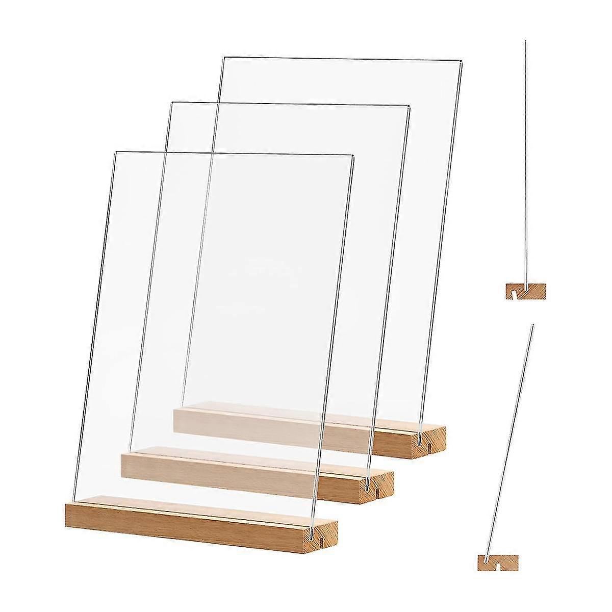 Acrylic Sign Holder,4 Pack, 8.5X11 Inches, L/T Shape Clear Acrylic Frames Wood Base, Table Menu Display Stand for Office