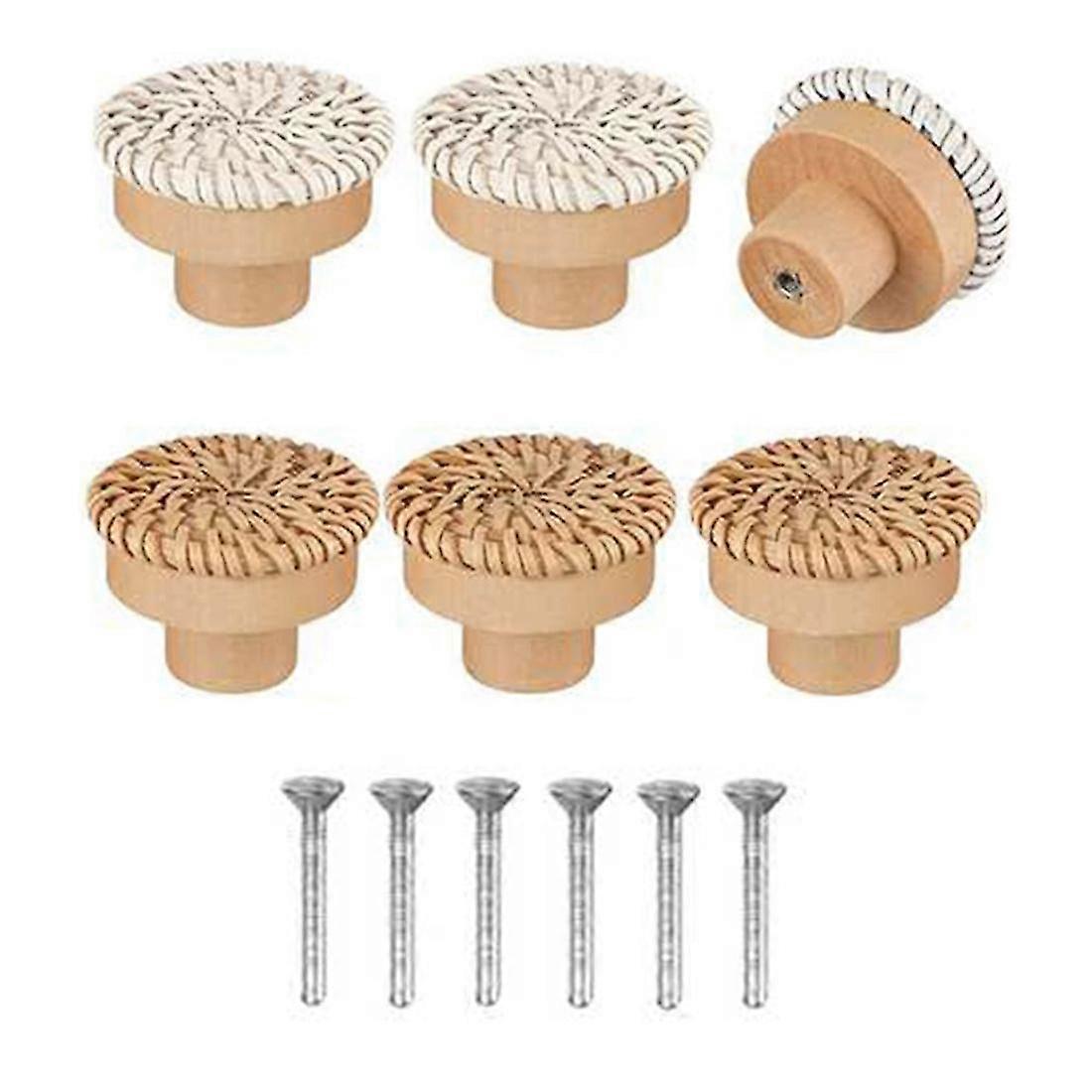 6pcs Boho Rattan Dresser Knobs Round Wooden Drawer Knobs Handmade Wicker Woven And Screws For Boho