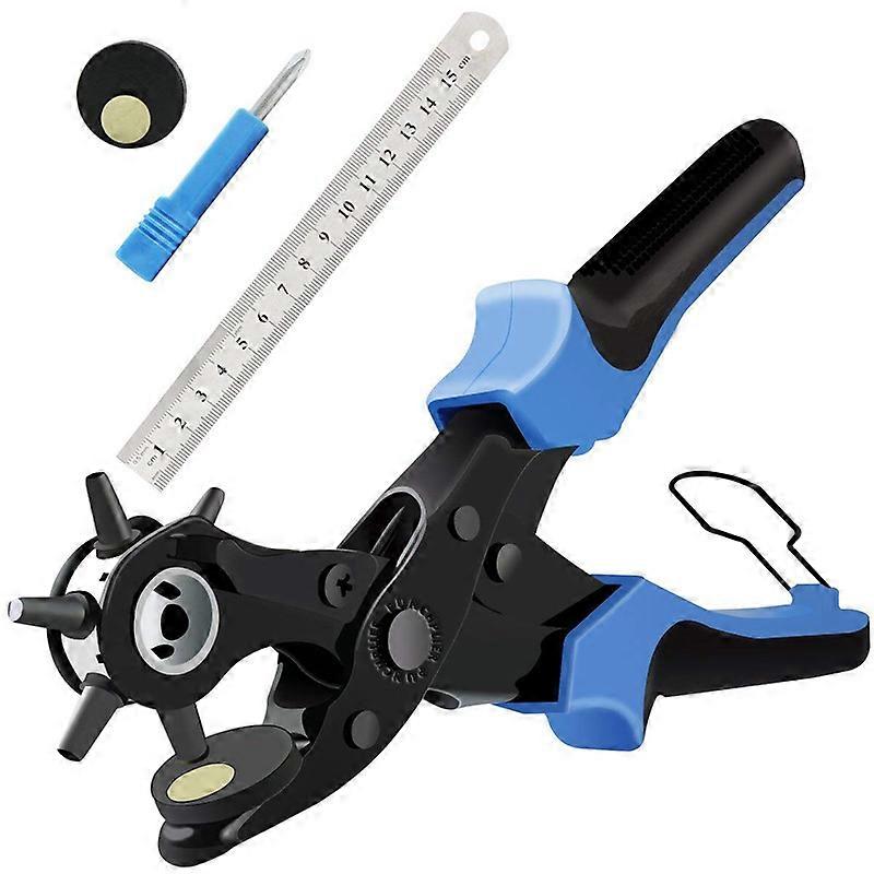 Punch Plier with 6 Sizes, Leather Punch, Professional Belt Punch with 2 Punch Plates and Ruler, for Leather, Paper, Plastic, Felt, etc.