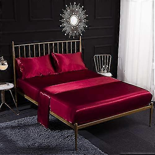 cream silk satin 3pcs bedding set with fitted sheet,flat sheet,pillowcase,breathable,red (twin)