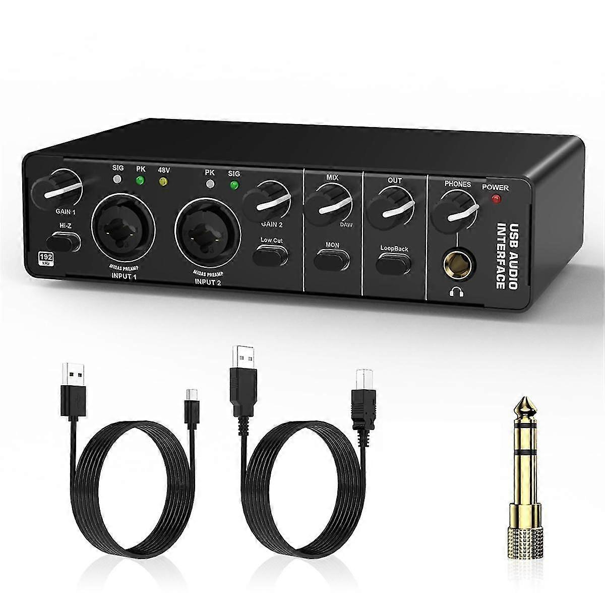 Usb Audio Interface, 2 In 2 Out Audio Interface With 48v Phantom Power For Recording,for Guitarist, Vocalist, Podcaster